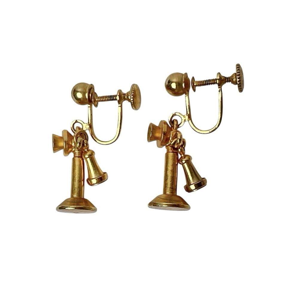 Vintage Earrings Old Time Telephone Dangle Gold Tone Screw Back Retro Novelty